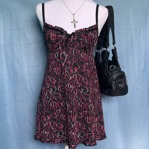Smart & Sexy Heart Print Babydoll Slip Dress Black Red Y2K 34B
